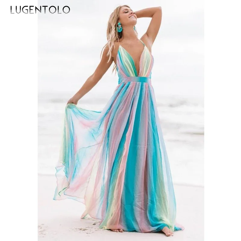 

Sexy Dress Women Summer Spaghetti Strap Mesh V-neck Slim Big Swing Rainbow Colors Female Backless Long Cloth Lugentolo