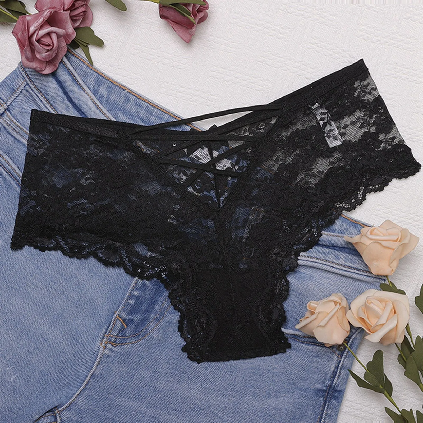 Women'S Underwear Thong String Sexy Lace Thong Rhinestone Butt Lift T Pants Sexy Lace Edge Pure Desire Calzones Para Mujer