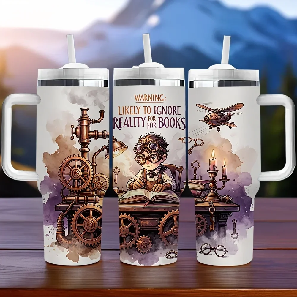 40Oz Long-Lasting Insulated Tumbler with Handle And Straw, Steampunk Reading Lover Print, Great Holiday And Birthday Gift for Avid Book Lovers, Suitable for Daily Use And Various Outdoor Activities
