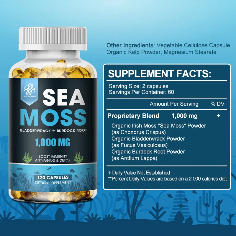 Organic Sea Moss Capsule WIth Zinc Supports Thyroid Health Anti-aging Antioxidant Improve Immunity Detox Beauty Health