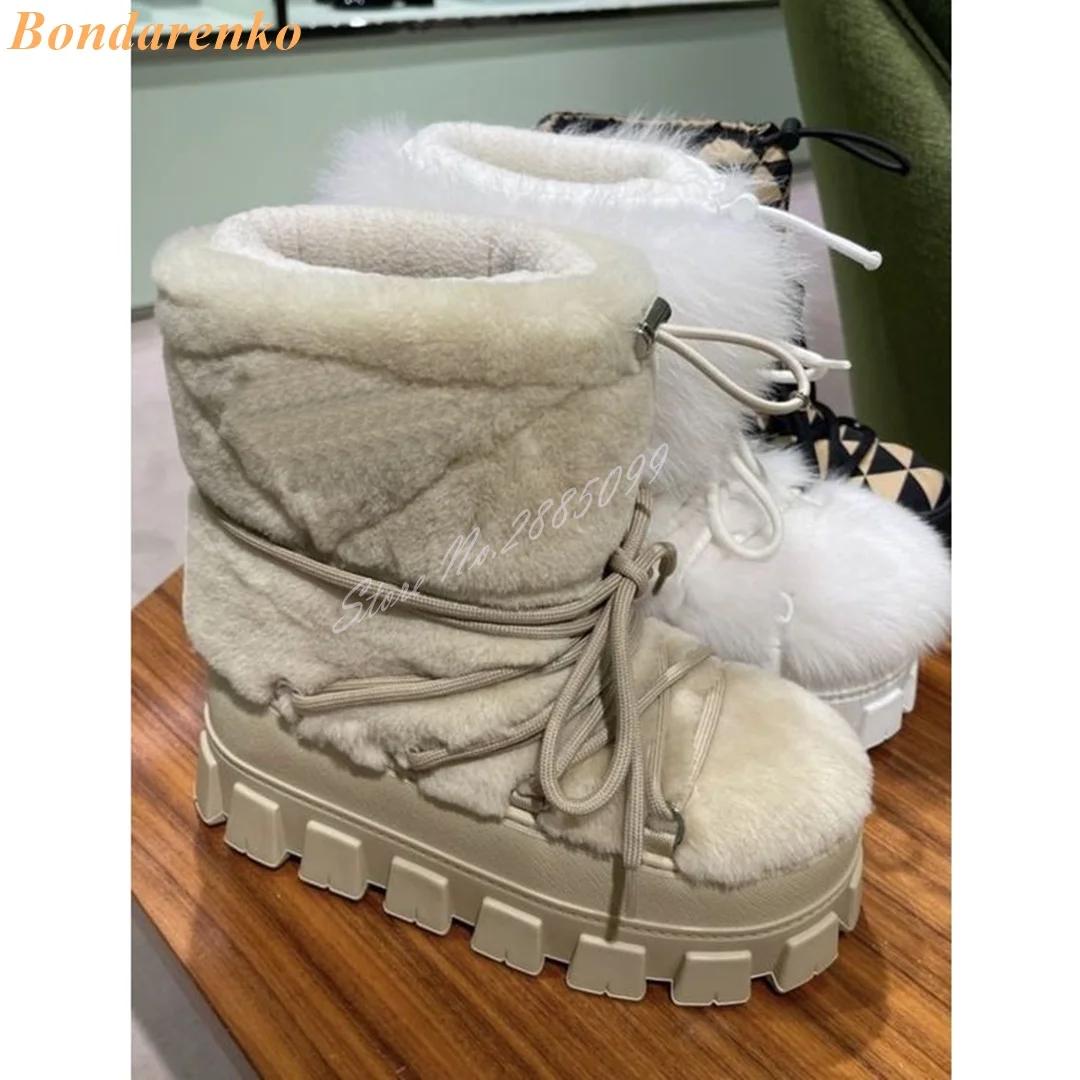 Winter Thick Sole Warm Boots Round Toe Platform Lace Up Elastic Band Solid Short Boots Leather Fur Women Shoes New Style Banquet