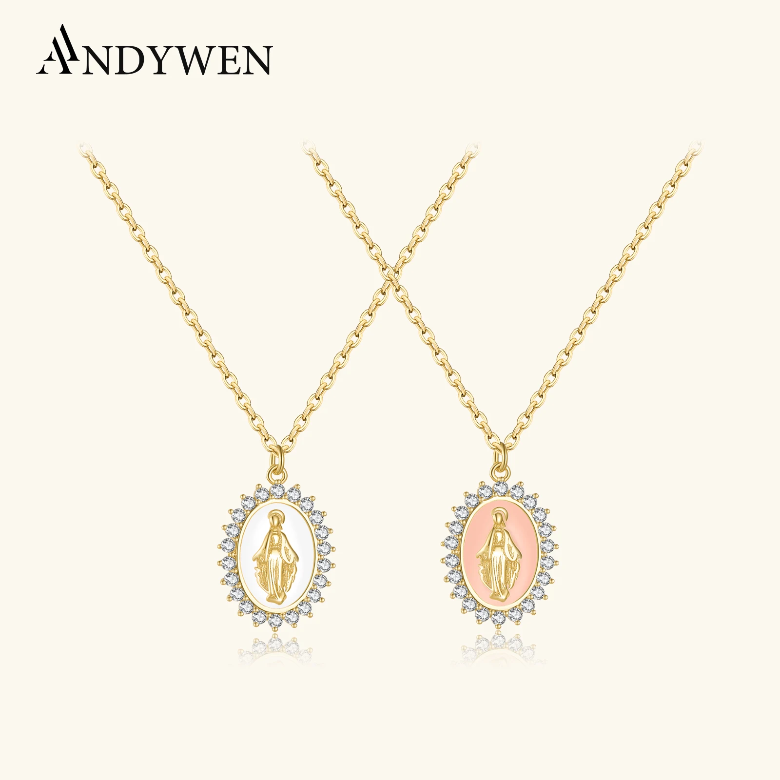 

ANDYWEN Новый стерлингового серебра 925 пробы Девы Марии, эмалированный клей, кулон, овальная длинная цепочка, ожерелье 2024, женские роскошные ювелирные изделия, подарок