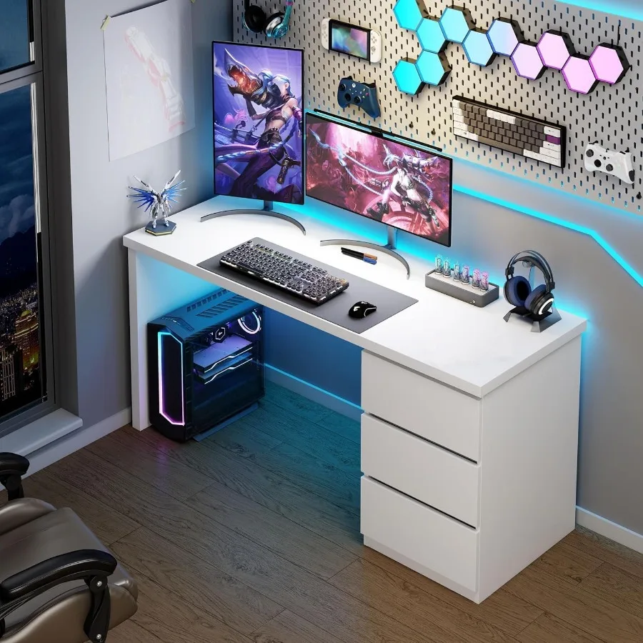 White Desk with Drawers 47'' W Home Office Desk Gaming Table Modern Vanity Desk with Storage Wood Computer Desk Writing Worksta