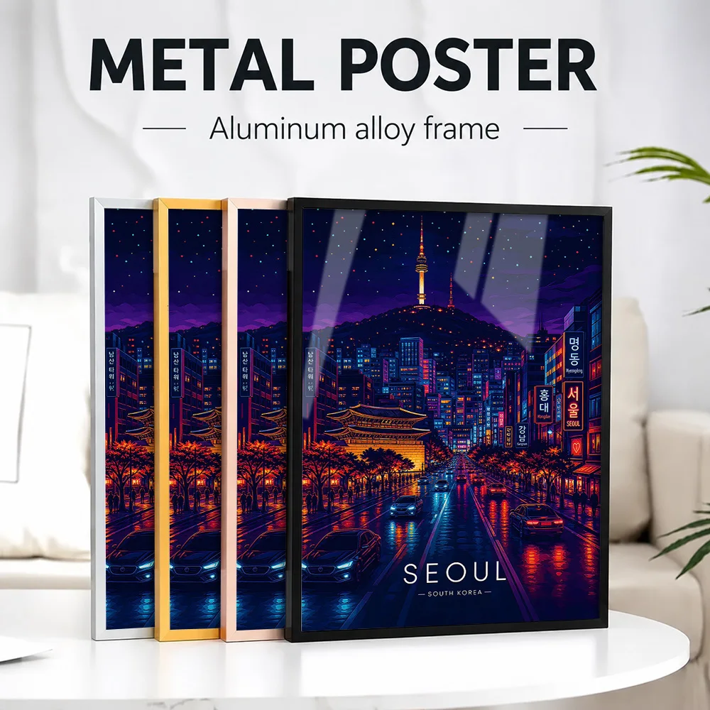 Seoul Cityscape Night Travel Metal Poster With Aluminum Alloy Frame Personalized Photo Modern Scenic Style Wall Art For Lounge