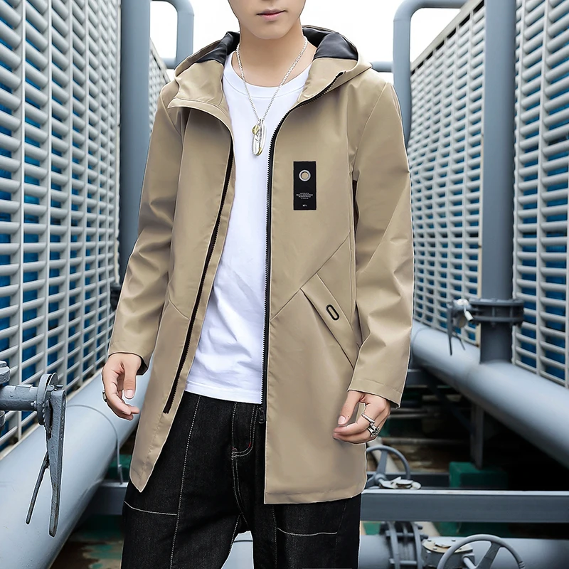 

Nice Spring Mens Casual Mid-Length Jackets And Coats Solid Color Hooded Streetwear Hip Hop Windbreaker Outwear Plus Size Tops