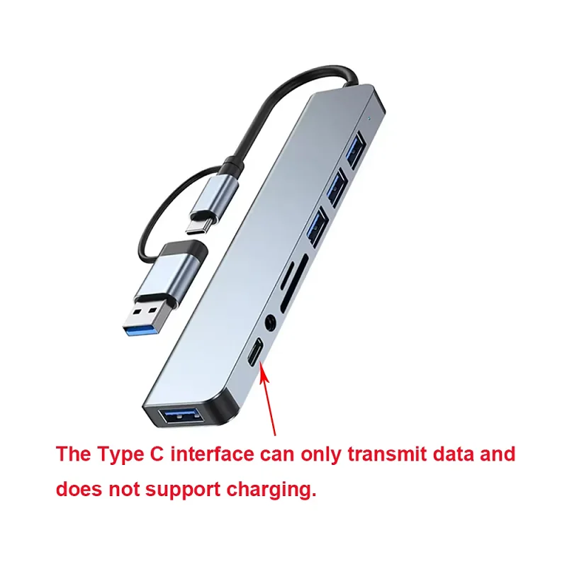    ฮับ USB C แบบ 8 in 2 พร้อมอะแดปเตอร์แจ็คเสียง 3.5 มม. ช่องอ่านการ์ด Micro SD สำหรับแล็ปท็อป แท็บเล็ต โทรศัพท์ และตัวแปลงดิสก์