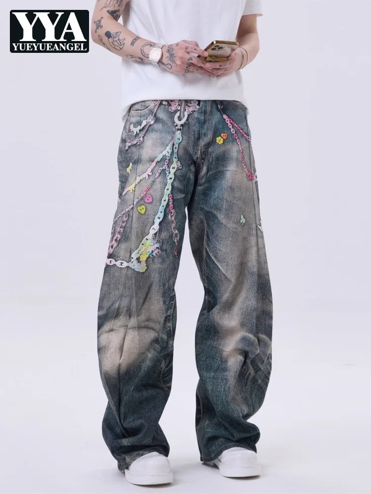 

Мужские прямые джинсы с цепочкой и принтом, потертые повседневные свободные джинсовые брюки в стиле Харадзюку в стиле хип-хоп, уличная одежда, индивидуальные брюки, мужские