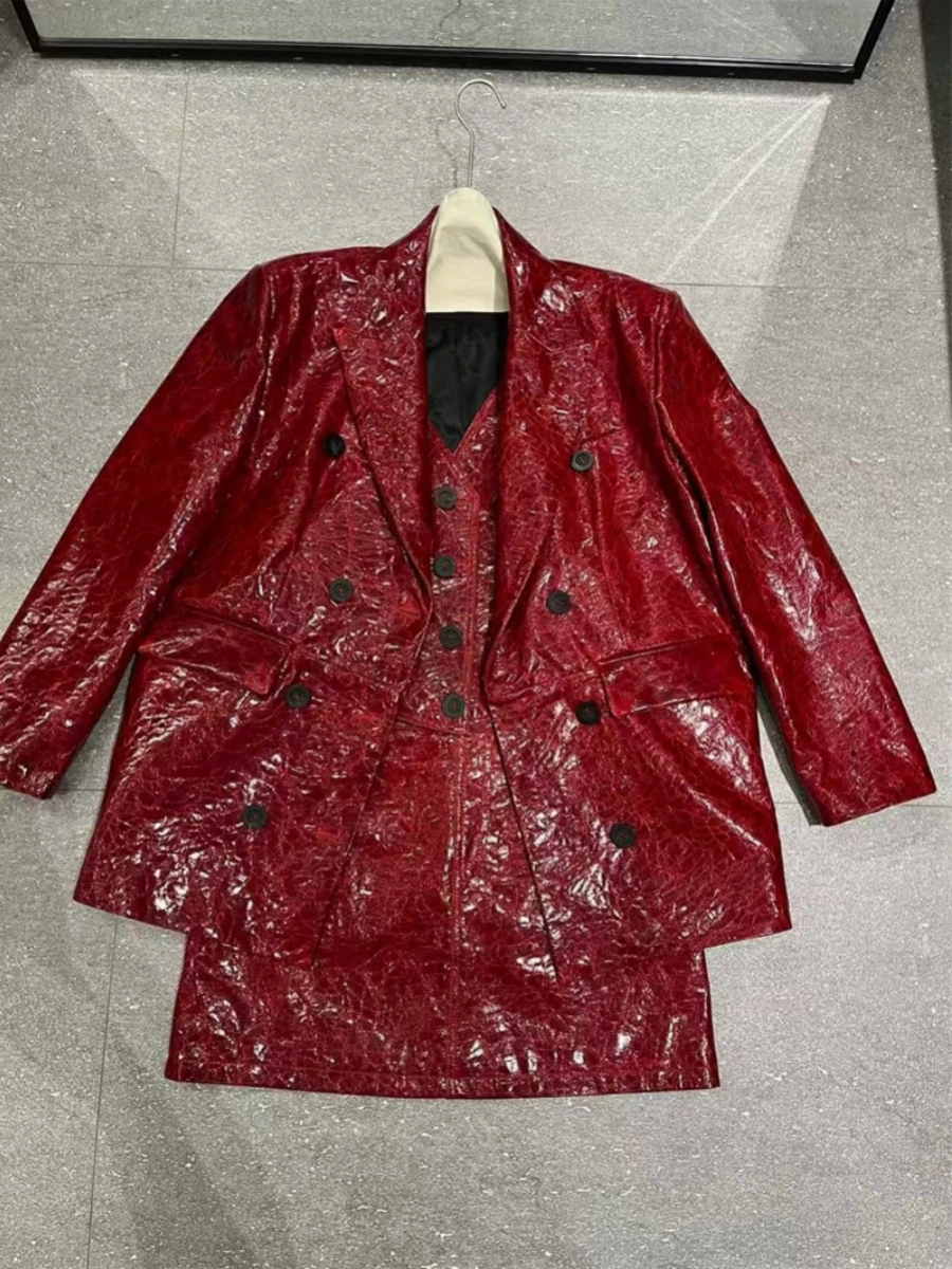 High Fashion Echt leder Anzug Mäntel Frauen Schaffell Jacke Mantel Echt leder Blazer Mantel rot Business Mantel