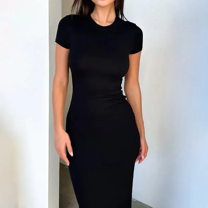 

Women Solid Color Slim Long Dress Summer Short Sleeve Pullover Sheath Long Dresses Skinny Sexy Daily Dress Y2k Bohemian Vestidos