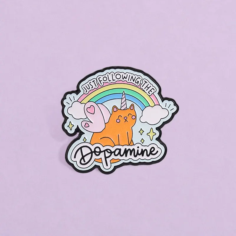 Just Following The Dopamine Enamel Badge Unicorn Cat With Rainbow And Clouds Alloy Pin Brooch Jewelry Gifts For Friends
