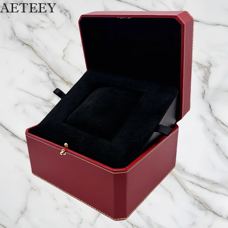 صندوق سفر لتخزين الساعات باللون الأحمر للرجال والنساء من AETEEY مع حقيبة ورقية لساعة العلامة التجارية الفاخرة وحقيبة هدايا عطلة الزفاف