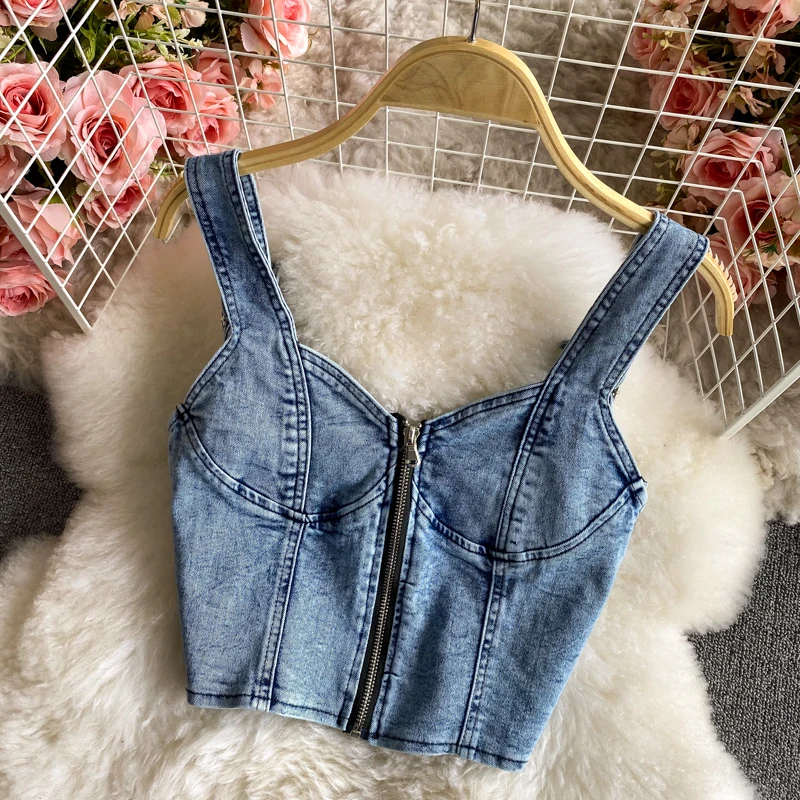 Summer Vintage Women Denim Sets Suspender Short Vest Top +High Waist Denim Skirts 2Pcs Suits Ladies Slim Jeans Skirt Sets