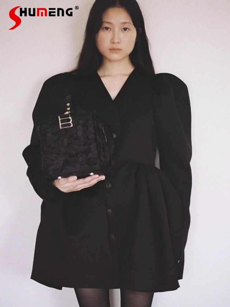 

Japanese Fashion Sweet Dress Autumn New Women's Slim Fit Puff Sleeve Single-Breasted Long Jacket French Elegant Short Bud Dress