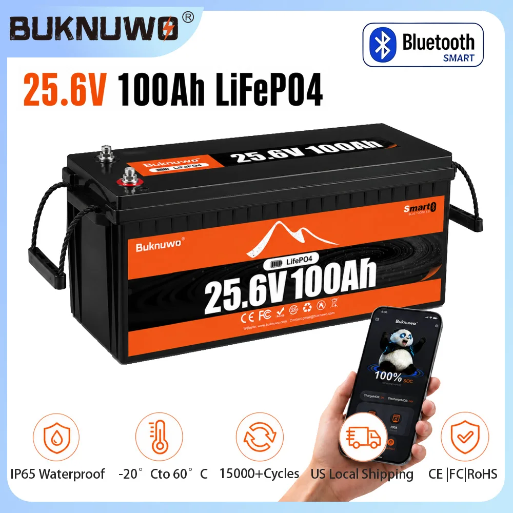 Buknuwo M8 24V 100Ah LiFePO4 Battery With Bluetooth Built-in 100A BMS Support Low Temp Protection And 15000+ Deep Cycles IP65 Waterproof 25.6V 2560Wh Lithium Battery Pack for RV/ Marine/ Camper Van/ Home Backup/ Off-Grid Solar