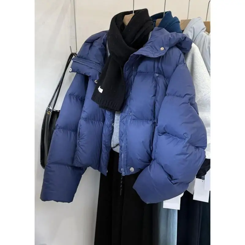 

Autumn Winter Blue Short Hooded Cotton Coat for Women New Korean Edition Fashion Warm Puffer Jacket Thick Bread Coat Daily Wear