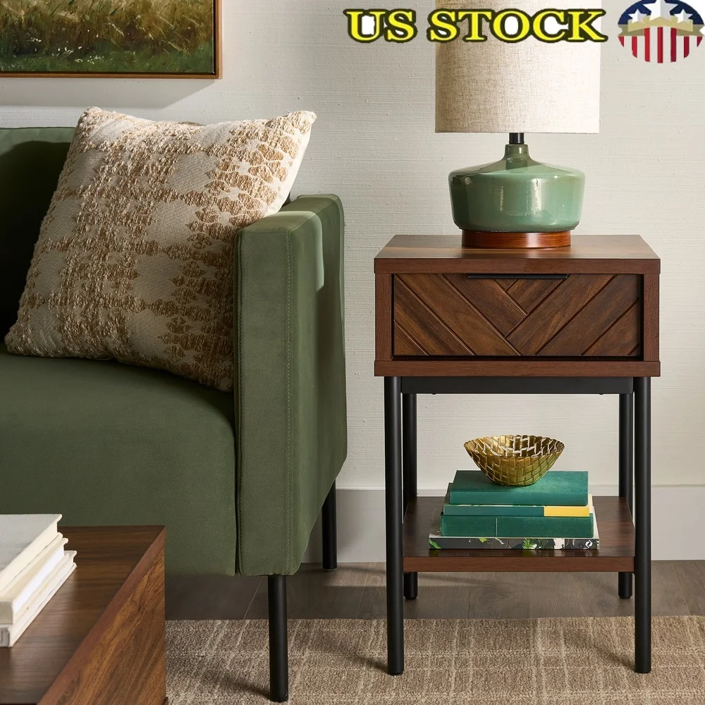 

Versatile Walnut Finish End Table with Herringbone Drawer Storage Modern Black Metal Legs Open Shelf Home Decor
