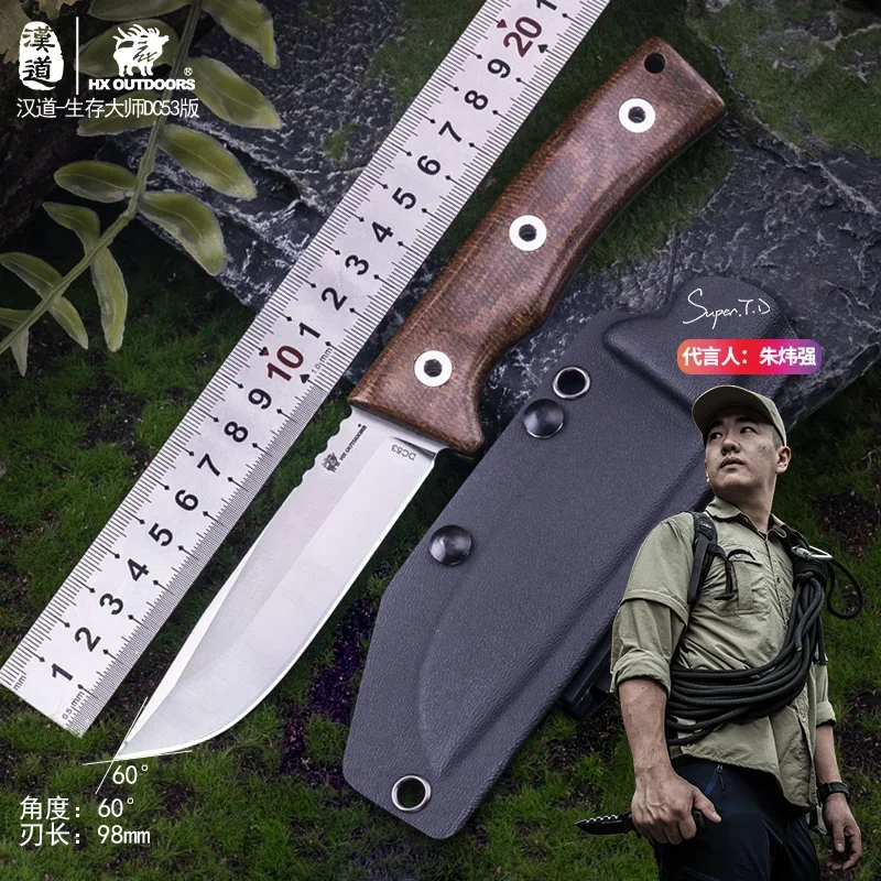 

HX OUTDOORS DC53 Steel Full Tang Hunting Knife Kitchen Camping Survival Knives Essential Flax Handle With Kydex Dropshipping