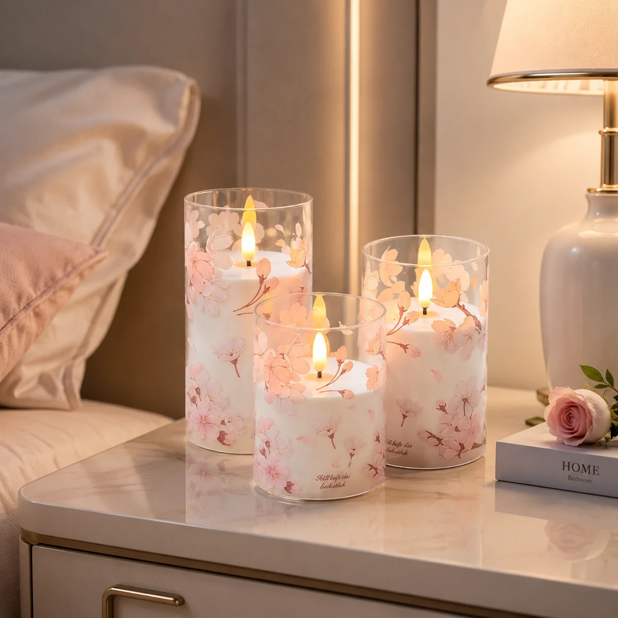 LED Real Wax Flameless Flickering Pillar Candles 3‑Pack, Battery Operated with Remote & Timer, Peach Color Simulated Flame Wick, Bedroom Night Light, Ambient Mood Light for Holiday Home Decoration
