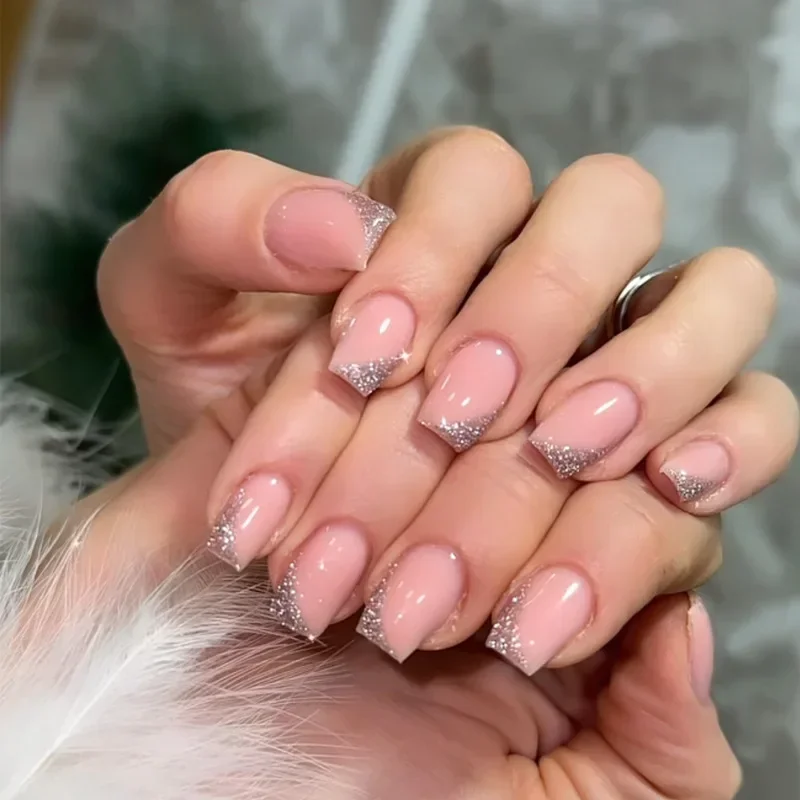 24 pçs curto quadrado imprensa em unhas francês espumante pó unhas falsas com cola cobertura completa acabado wearable glitter unhas falsas