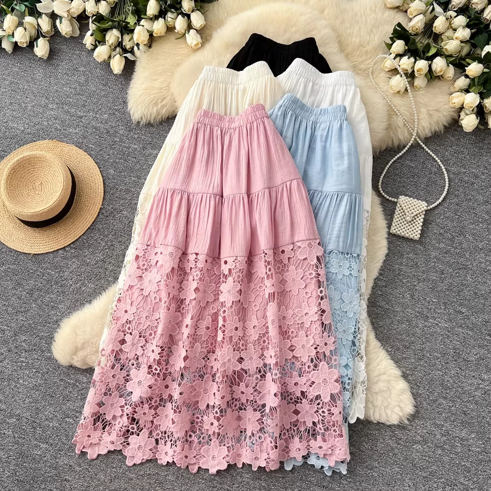 

Женская юбка Clothland Sweet с вырезами, на эластичной талии, А-силуэт, кружевная, конфетных цветов, повседневная, длинная, BA393