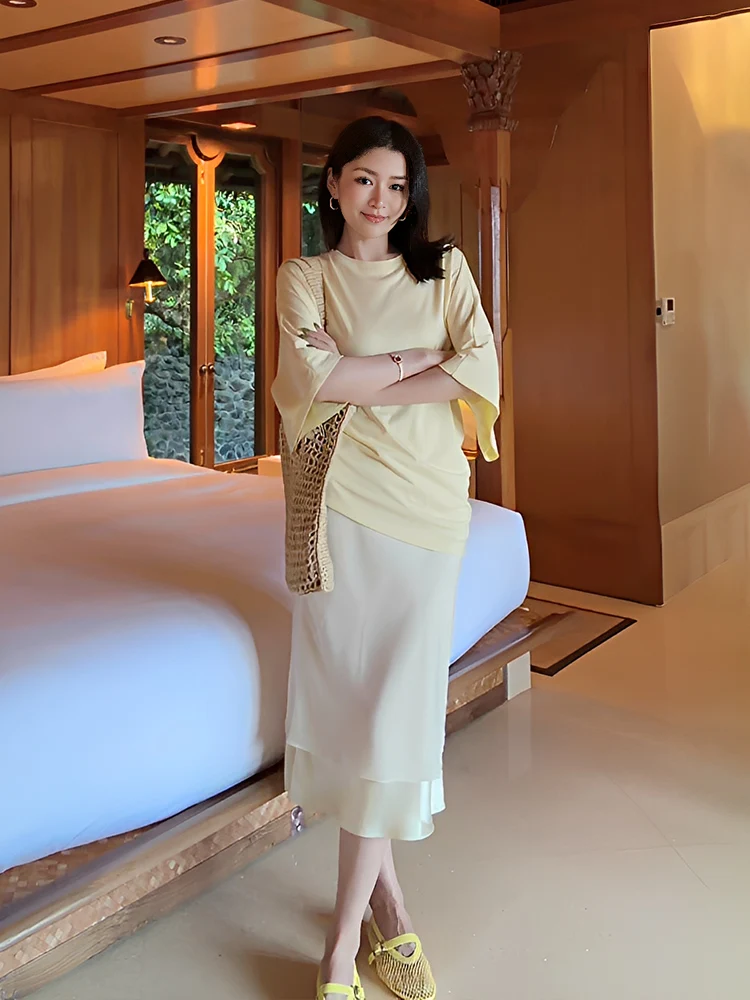 

Летняя юбка-трапеция Le Samedi с эффектом похудения, с высокой талией, из ацетата, средней длины, женская модная юбка в стиле Ханьфу, китайское производство