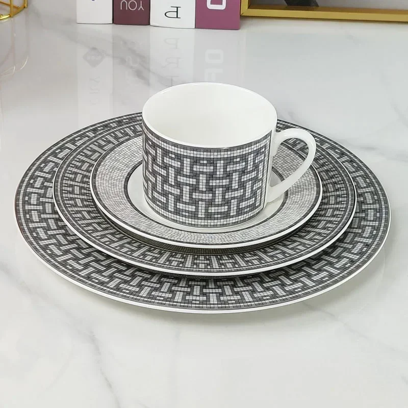 European Retro Light Luxury Tableware Set Golden Grey Mara Tea Western Plate Steak Plate English Afternoon Tea Coffee Set Gift