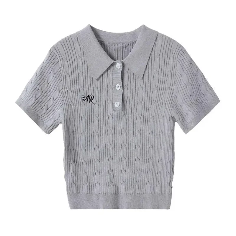 

2025 Korean Fashion Golf Summer Lapel Shirt Twist Pattern Slim Knitting Tops Polo-neck Short Sleeve Preppy Style Summer T-shirts