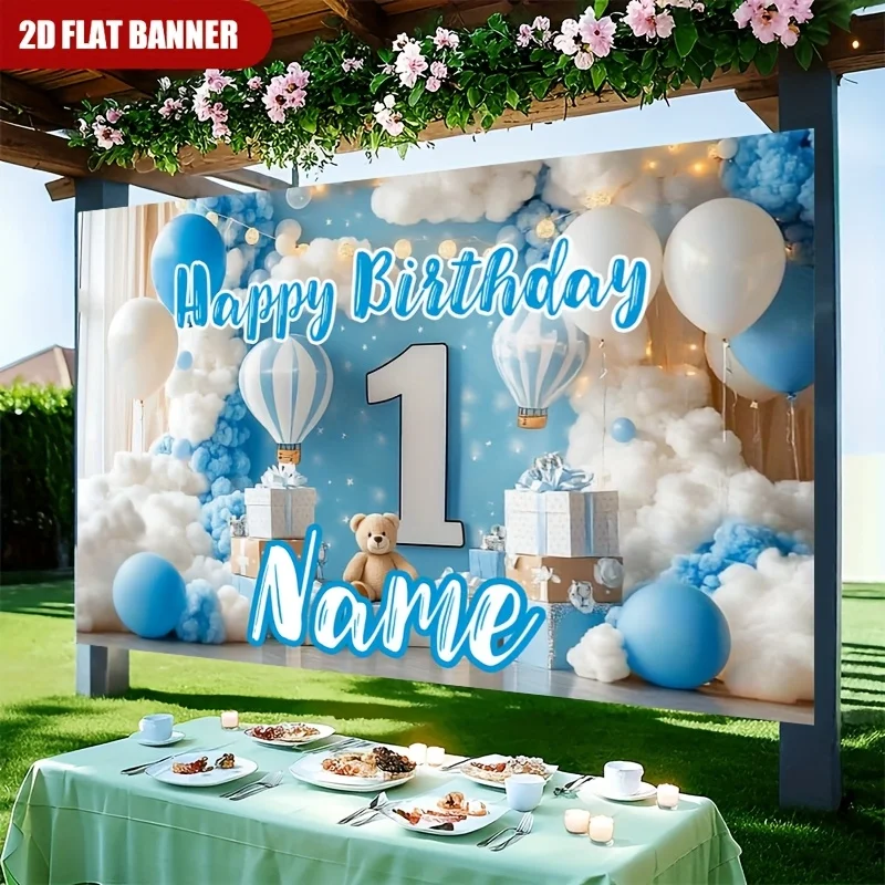 1pc Customizable Blue Sky 1st Birthday Backdrop Happy Birthday Teddy Bear Balloon Party Banner for Baby Boy First Birthday Decor