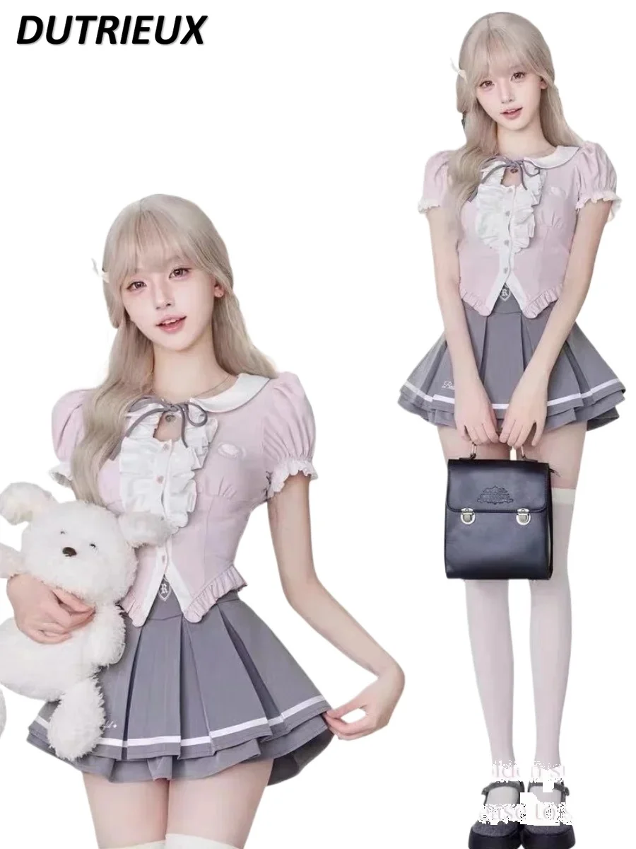 

Women's Two Piece Sets Summer Fashion College Style JK Uniform Peter Pan Collar Short Sleeve Top High Waist Pleated Skirt Suit