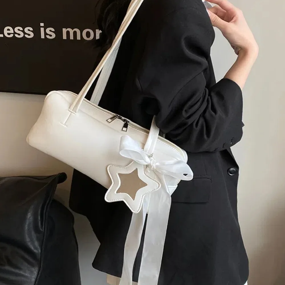 

Solid French Stick Handbag Bow Ribbon Star Pendant PU Leather Shoulder Bag New Large Capacity Rectangular Underarm Bags Girls