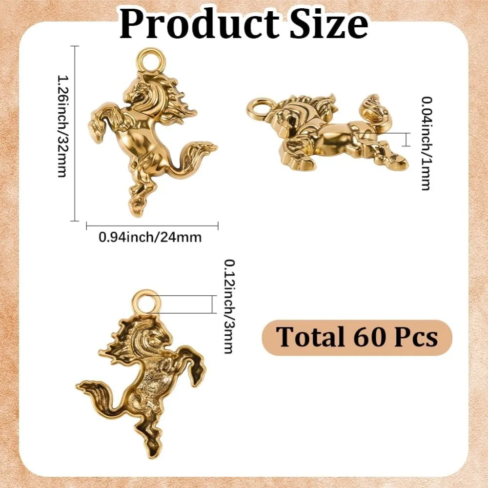 60pcs Gold Horse Charms Running Horse Charms 2026 Alloy Gold Style Good Luck Animal Equestrian Horsemanship Pendant