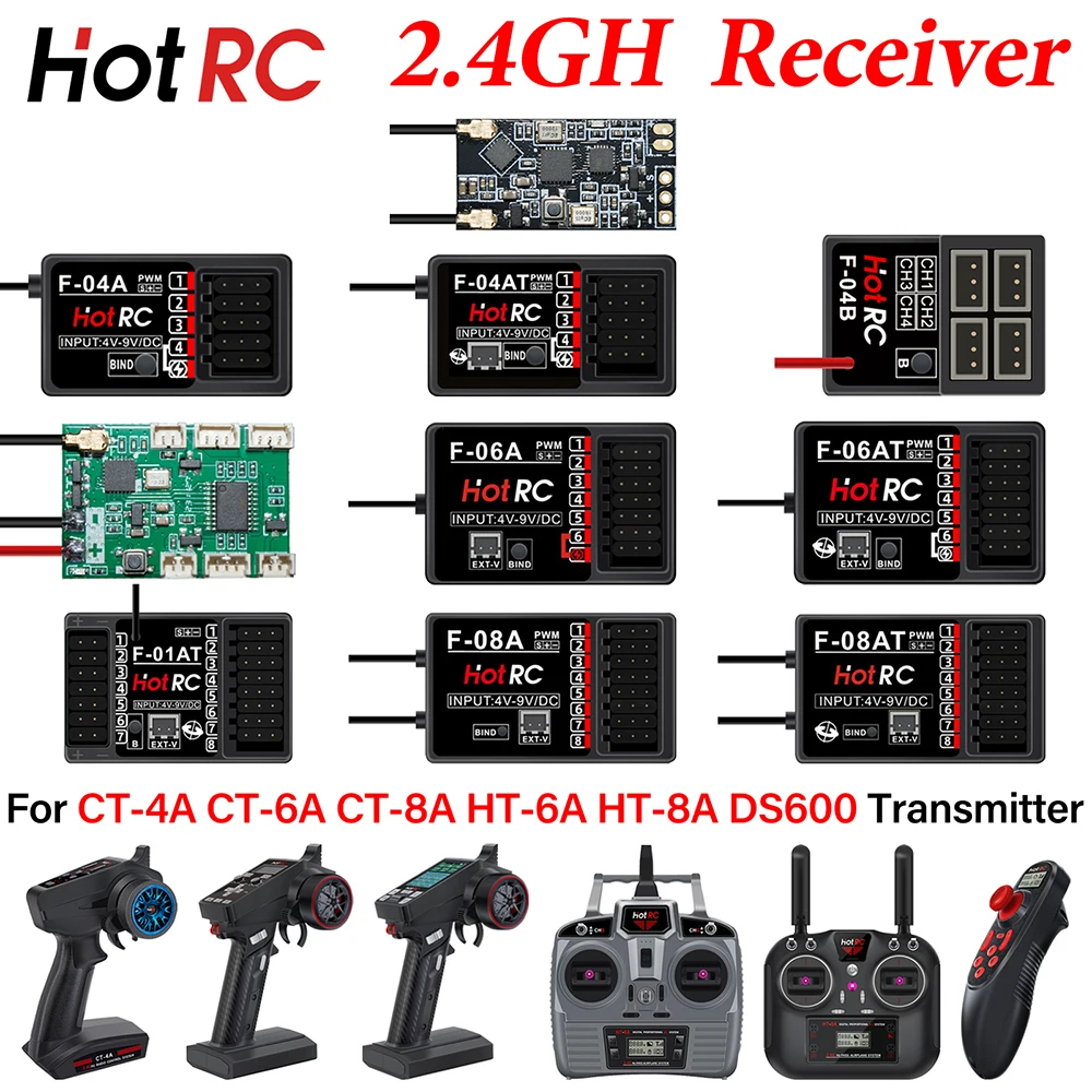 HotRC 4/5/6/8CH RC Receiver 2.4GHz with Gyro for CT-4A CT-6A CT-8A HT-6A HT-8A DS600