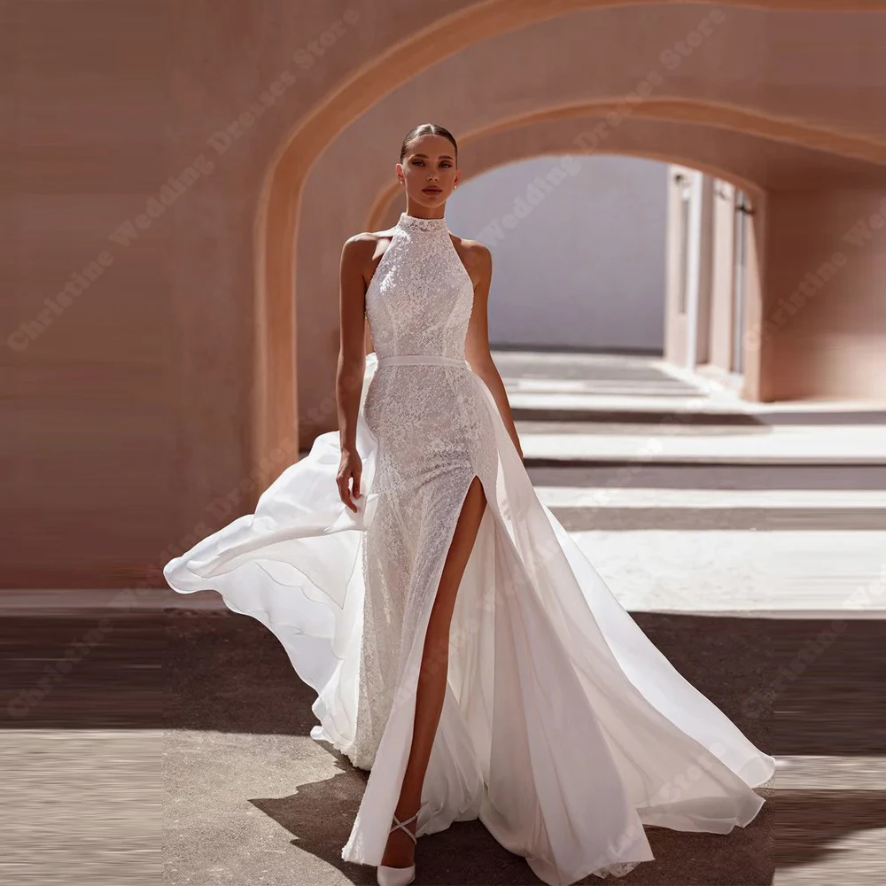 

2026 Halter Collar Women Wedding Dresses Elegant Sexy High Slit Prom Gowns Banquet Mopping Length Vestidos De Novias Customized