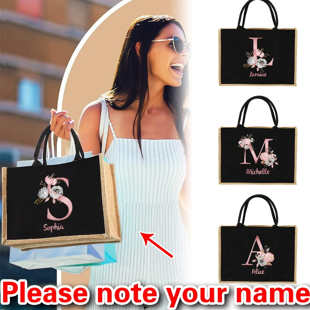 

Customizable Name Linen Handbag Linen Handbag Pink Letter Reusable Eco Friendly Grocery Storage Bag Retro Beach Bag
