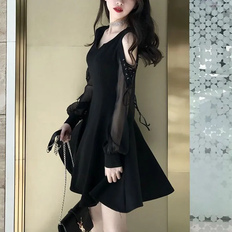 Elegant Off Shoulder Drawstring Dresses Women\'s Clothing Long Sleeve Casual V-Neck Spring Autumn Solid Color A-Line Mini Dress