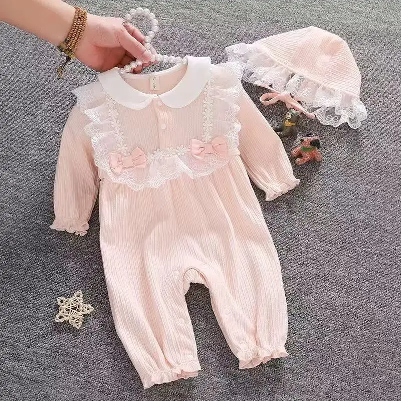 

Комбинезоны для новорожденных девочек с кружевом и бантом, одежда на весну и осень, комбинезоны для младенцев + шапки