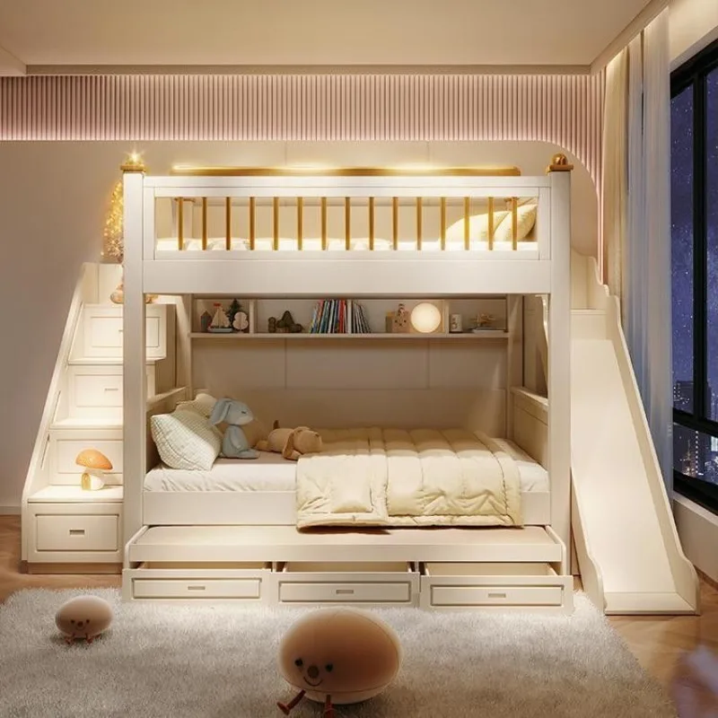 

Children's upper and lower bunk beds, cream wind small apartment bed with broadband slide