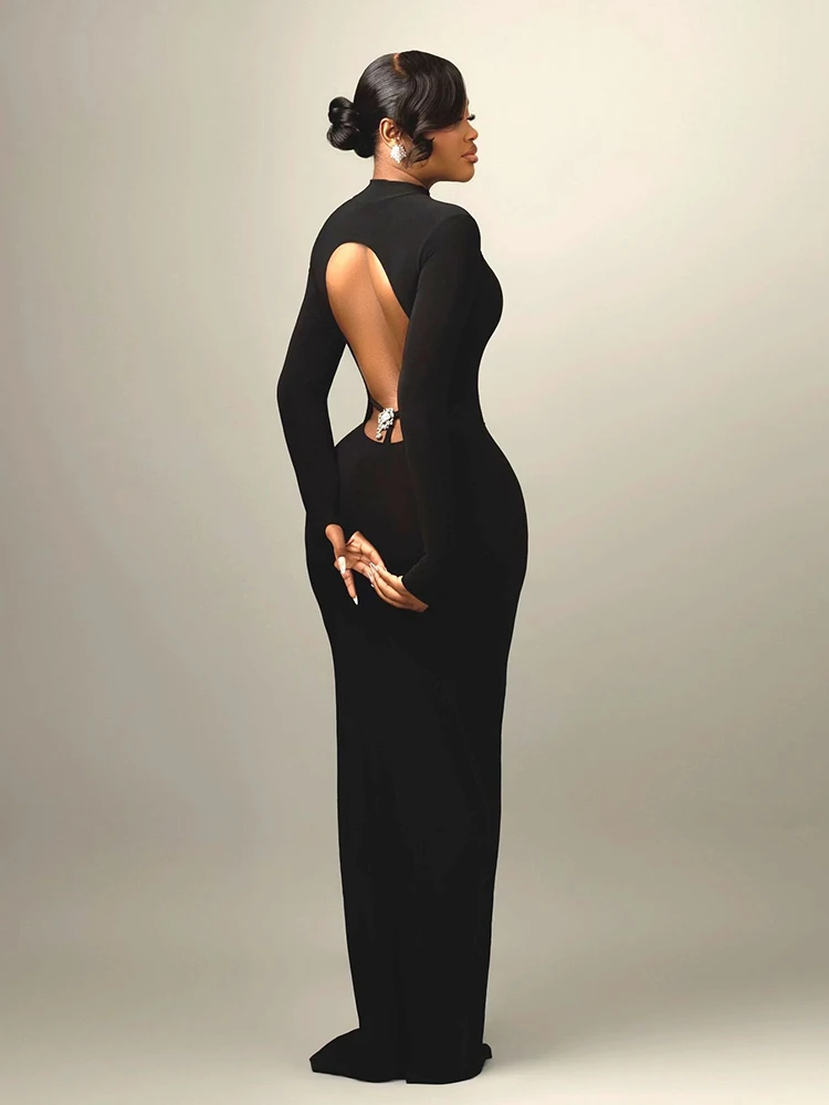 Sexy Black Bodycon Dress for Women Low Back Dress Spring Summer Full Sleeve Mermaid Evening Dress Elegant Maxi Dress for Event view 2