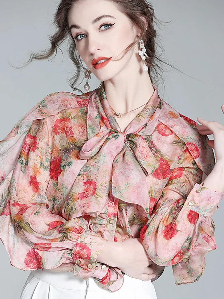 Tcyeek 2023 New Elegant 100% Mulberry Slik Shirt Women Clothing High Quality Lace Up Long Sleeves Tops Women Printing Blouse Zm