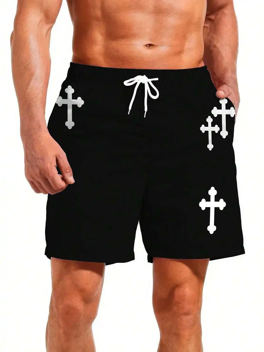

Plus Size Men's Beach Shorts, Casual-Vacation Loose Style, Fashion Cross Print Design, Adjustable Drawstring, Suitable For