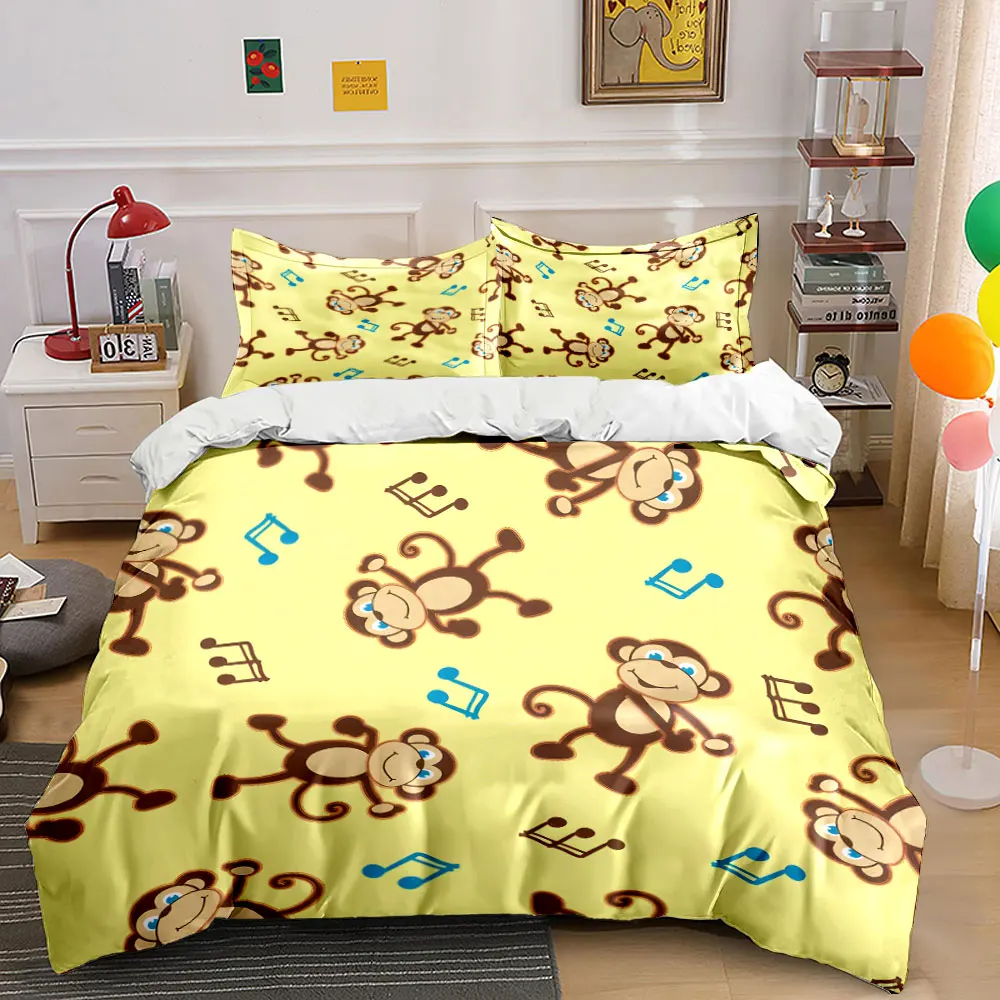Cartoon monkeys and music notes Print Bedding Set 1 Duvet Cover 2 Pillowcases for Adult and Children Luxury Gift Full Size