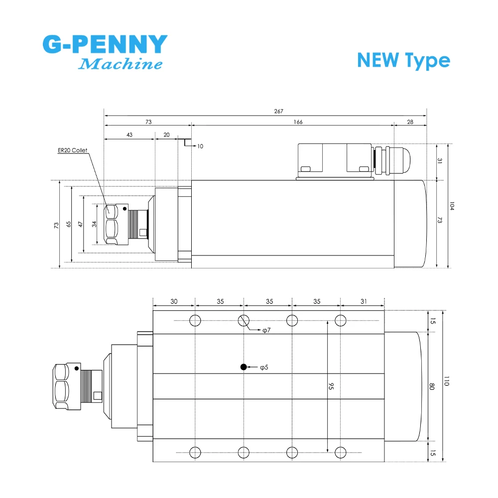 G-Penny CNC 2.2kw ER20 Square Type Air Cooled Spindle Motor Ceramic Ball Bearings 0.01mm Accuracy 24000rpm With Mounting Flange