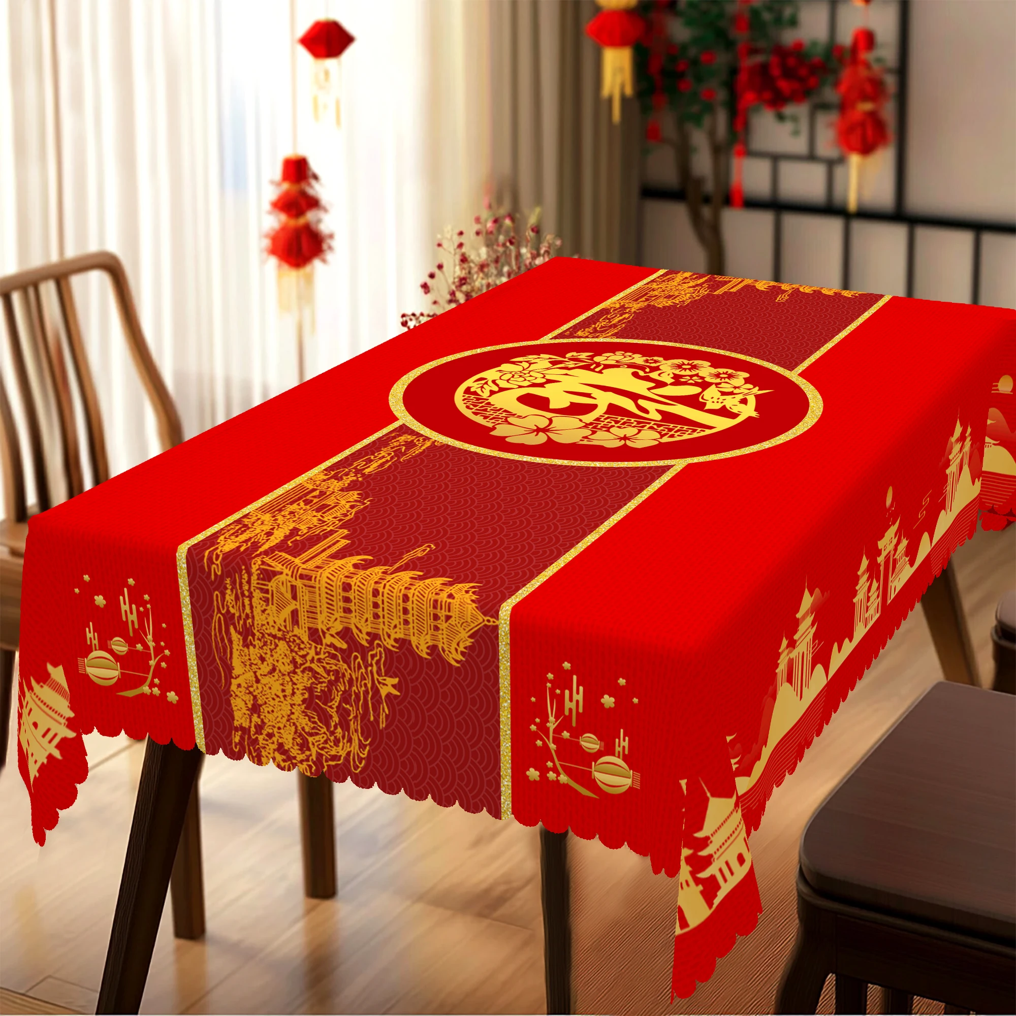 1 Stück rote runde chinesische Frühlingsfest-Tischdecke, erhältlich in 5 Größen, verheißungsvolle Elster auf Pflaumenblüten, vergoldete runde Tischdecke, geprägte Kantenhandwerkskunst,