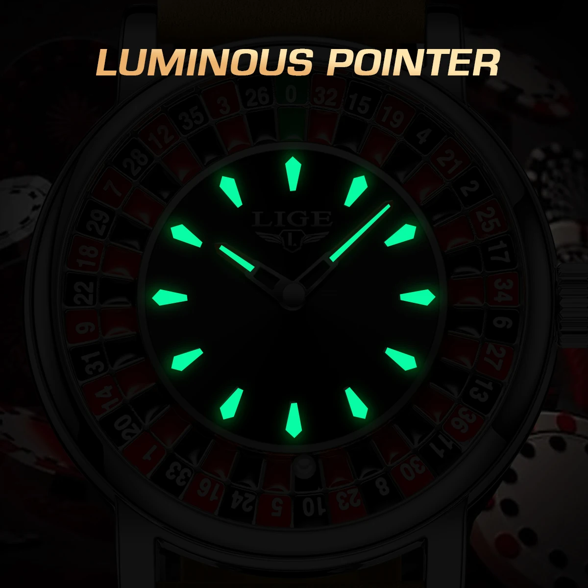 LIGE Fashion Brown Leather Men Watch Rotating Dial Las Vegas Roulette Desktop Theme Watch Men Waterproof Luminous Clock Watches