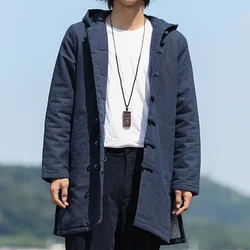 Winter Chinese Style Loose Plus Size Hooded Long Coat Retro Oversize Parkas Navy Thick Jacket Men Clothing Casual Tang Suit Male