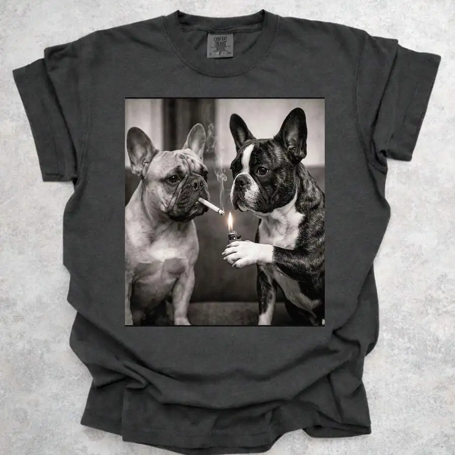 Unisex Crew Neck Short Sleeve T-Shirt Funny French Bulldog Smoking Cigarette Meme Graphic Print Soft Casual Streetwear Novelty Humor Summer Trendy Top