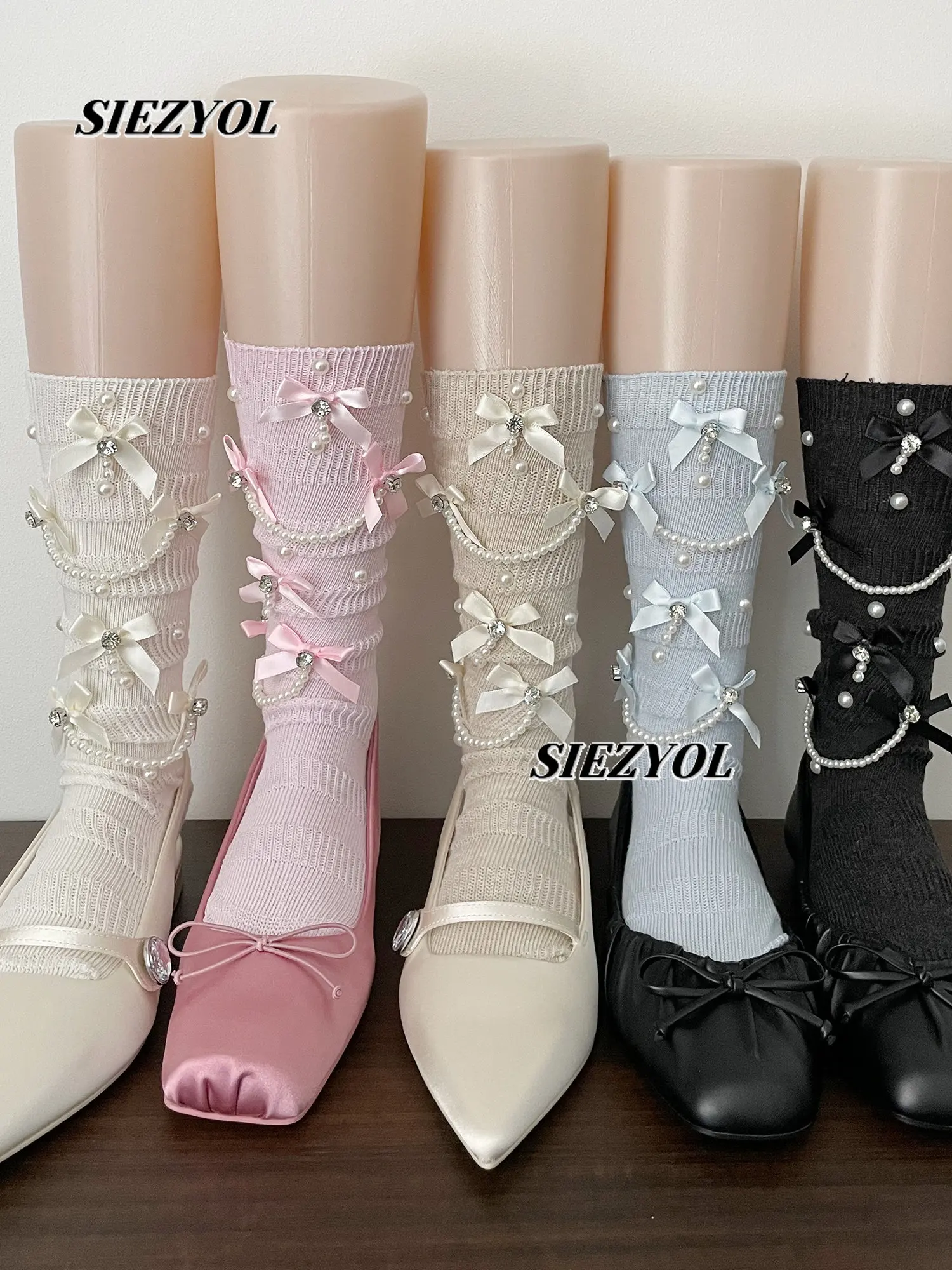 Retro Sweet Heart Pearl Chain Bows Knee Socks Women's Thin Socks Spring and Summer Fashion Solid Color Cotton Stocking