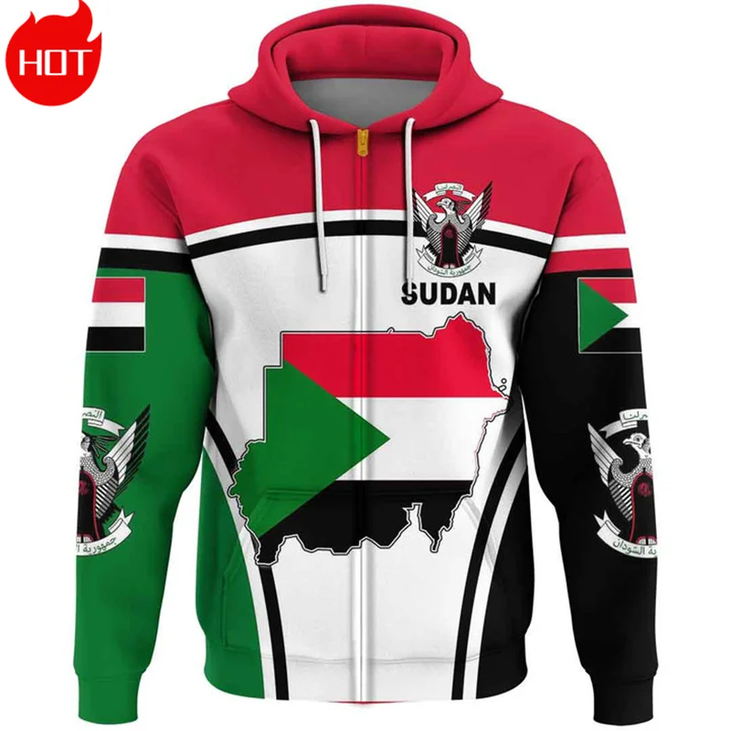 

Republic-of The Sudan Natonal Flag Map 3D PrintingZip Up Hoodies Sudan Coat Of Arms Emblem Graphic Zipper Sweatshirts Pullovers