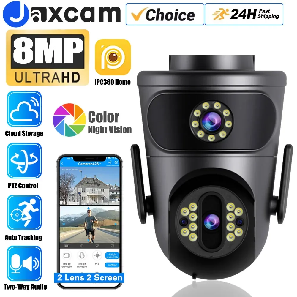 8MP 4K Wifi Street Dual Lens Camera Dual Screens Color Vision Waterproof  Auto Tracking CCTV Security Video Home Camera Security