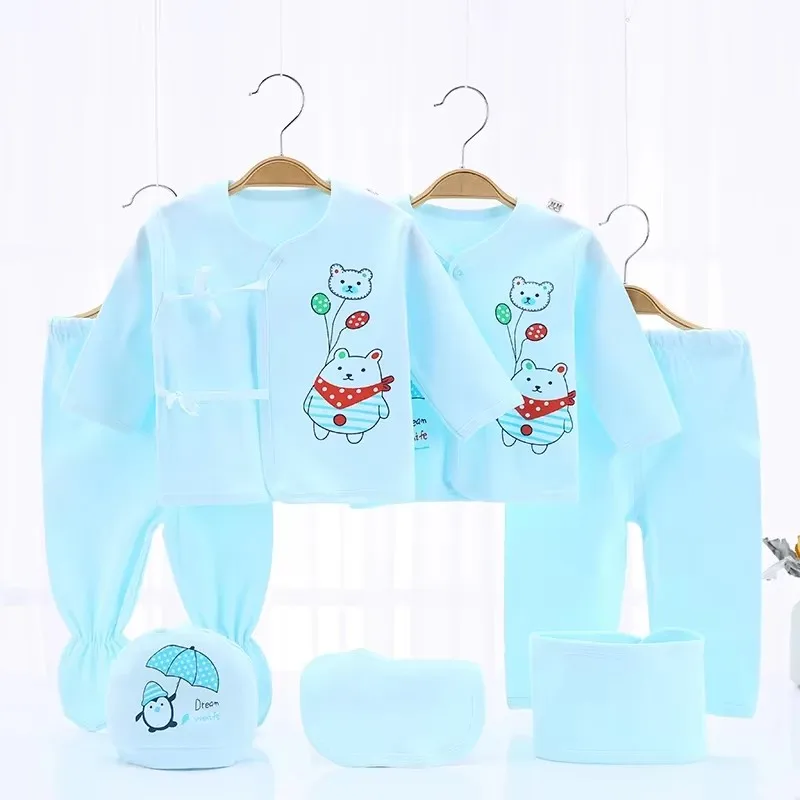 Baby Boy Girl 7-Piece Cotton Clothing Set Cartoon Unisex Newborn Tops Pants Soft Infant Wear Outfits